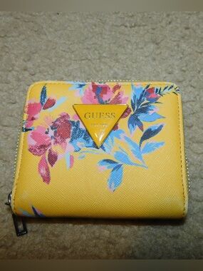 GUESS Yellow Floral Zip-Around Wallet with Logo Triangle
